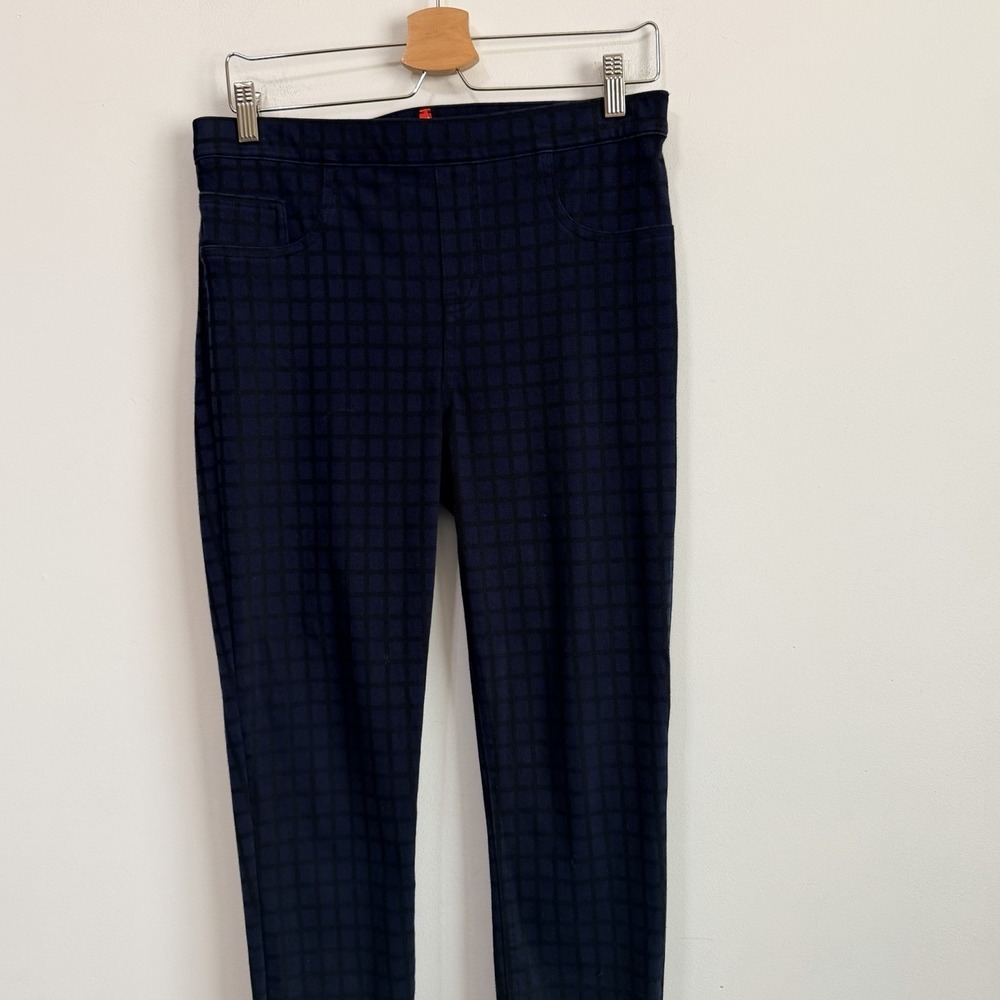 Spanx Jeanish Ankle Leggings L Black Blue Plaid Print Skinny Pull On Casual Pant - Picture 3 of 9